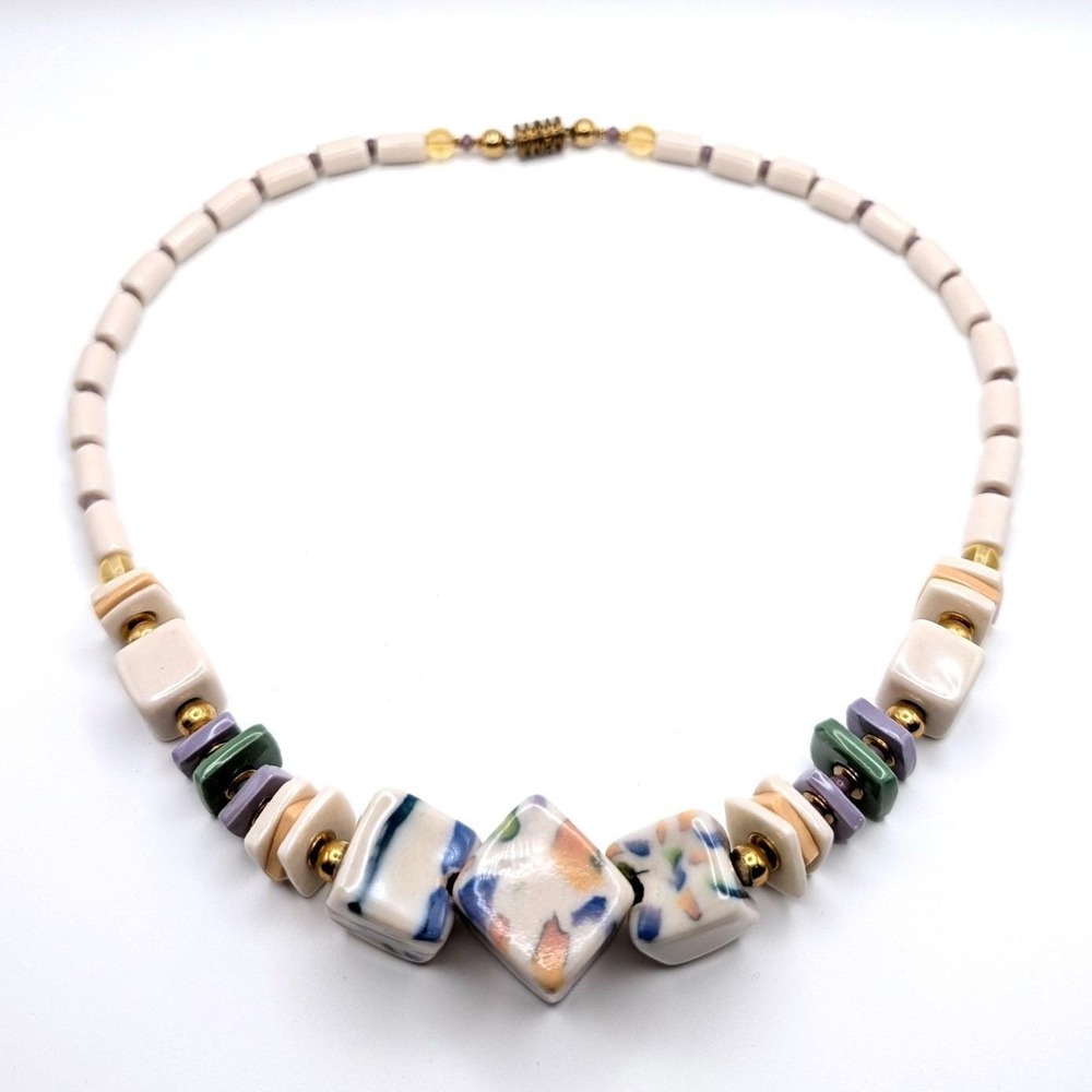 Artisan Ceramic Bead Necklace Hand Painted Floral Geometric Cubes Cream 22"